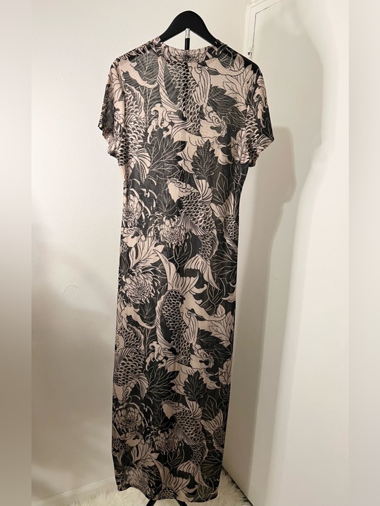 Dresses & Skirts - Elegant Koi Fish Print Maxi Dress | Neutral Beige & Black Statement Dress